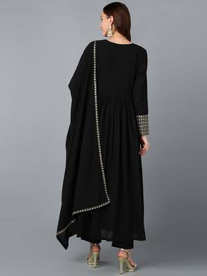 black color embroidered georgette styles kurta trouser with dupatta 4