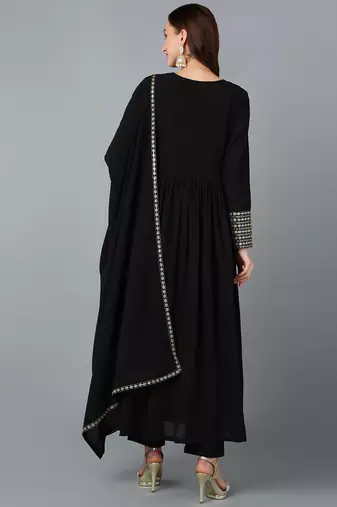 black color embroidered georgette styles kurta trouser with dupatta