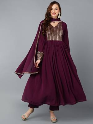burgundy color embroidered georgette styles kurta trouser with dupatta 1