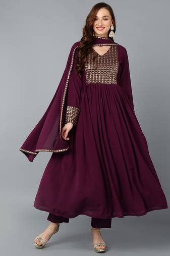 burgundy color embroidered georgette styles kurta trouser with dupatta