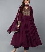 burgundy color embroidered georgette styles kurta trouser with dupatta