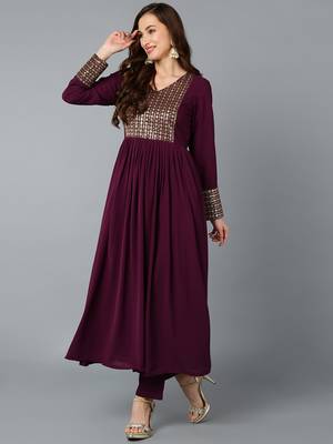 burgundy color embroidered georgette styles kurta trouser with dupatta 3