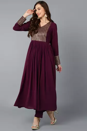 burgundy color embroidered georgette styles kurta trouser with dupatta
