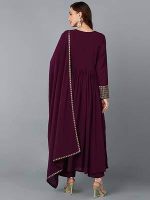 burgundy color embroidered georgette styles kurta trouser with dupatta 4