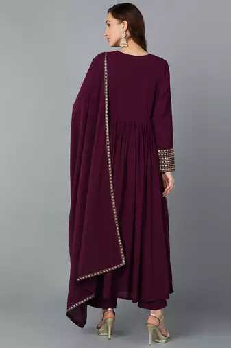 burgundy color embroidered georgette styles kurta trouser with dupatta