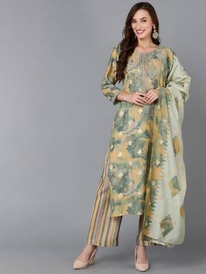 yellow color embroidered silk blend styles kurta palazzo with dupatta 1