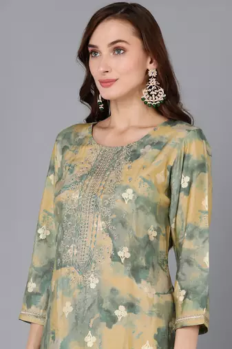 yellow color embroidered silk blend styles kurta palazzo with dupatta