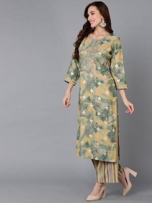 yellow color embroidered silk blend styles kurta palazzo with dupatta 3