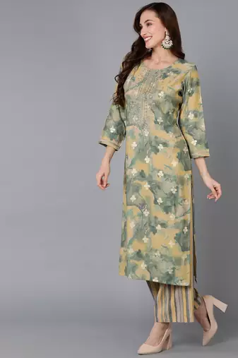 yellow color embroidered silk blend styles kurta palazzo with dupatta