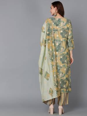 yellow color embroidered silk blend styles kurta palazzo with dupatta 4