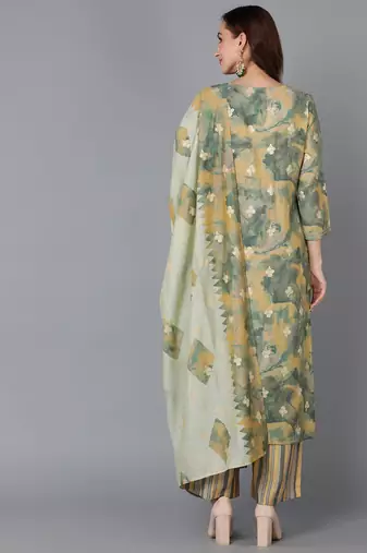 yellow color embroidered silk blend styles kurta palazzo with dupatta