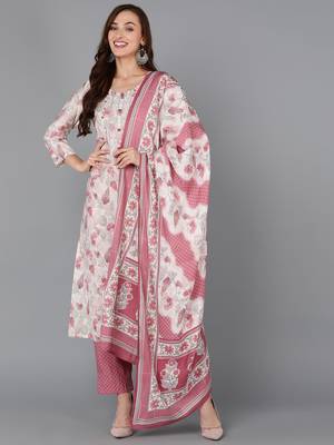 off white color embroidered poly chanderi styles kurta trouser with dupatta 1