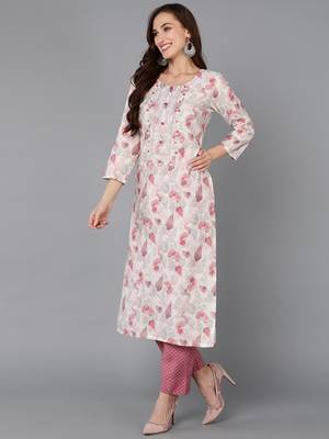 off white color embroidered poly chanderi styles kurta trouser with dupatta 3