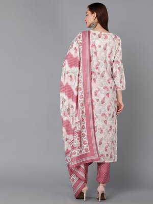 off white color embroidered poly chanderi styles kurta trouser with dupatta 4