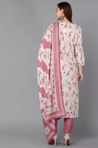off white color embroidered poly chanderi styles kurta trouser with dupatta