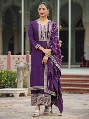 purple color embroidered silk blend styles kurta palazzo with dupatta 1