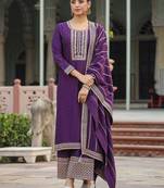 purple color embroidered silk blend styles kurta palazzo with dupatta