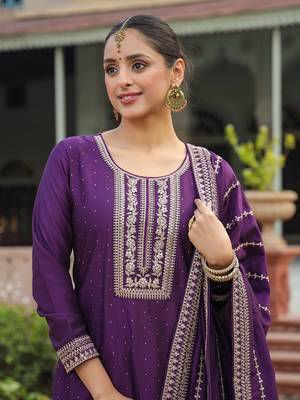 purple color embroidered silk blend styles kurta palazzo with dupatta 2