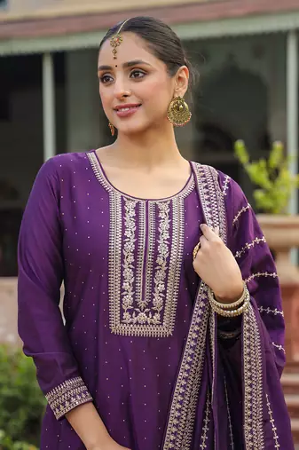 purple color embroidered silk blend styles kurta palazzo with dupatta
