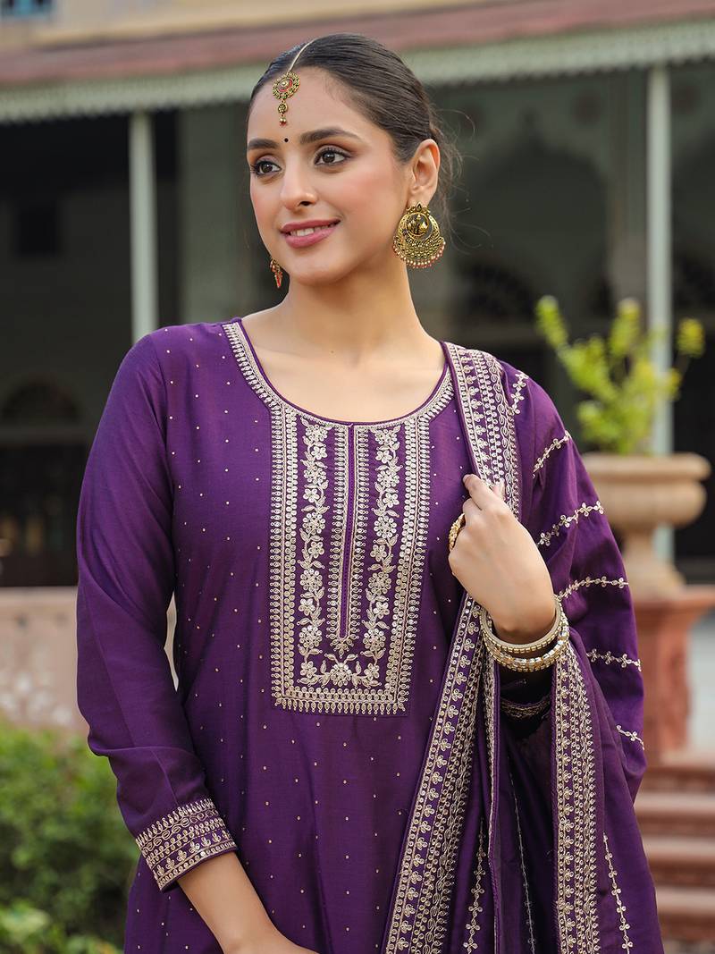 purple color embroidered silk blend styles kurta palazzo with dupatta