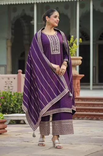 purple color embroidered silk blend styles kurta palazzo with dupatta