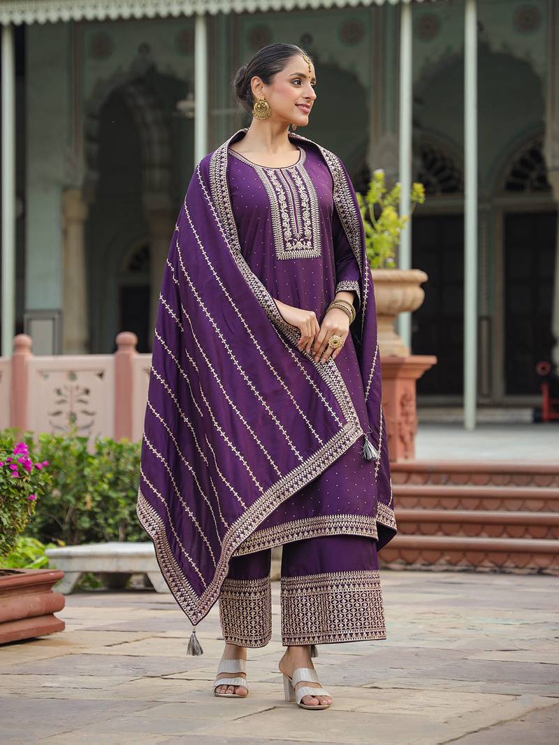 purple color embroidered silk blend styles kurta palazzo with dupatta