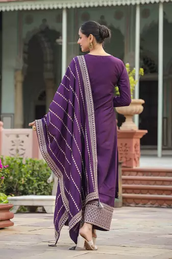 purple color embroidered silk blend styles kurta palazzo with dupatta