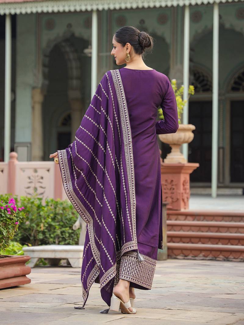purple color embroidered silk blend styles kurta palazzo with dupatta