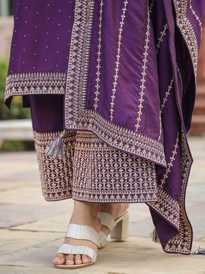 purple color embroidered silk blend styles kurta palazzo with dupatta 5