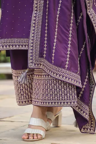 purple color embroidered silk blend styles kurta palazzo with dupatta