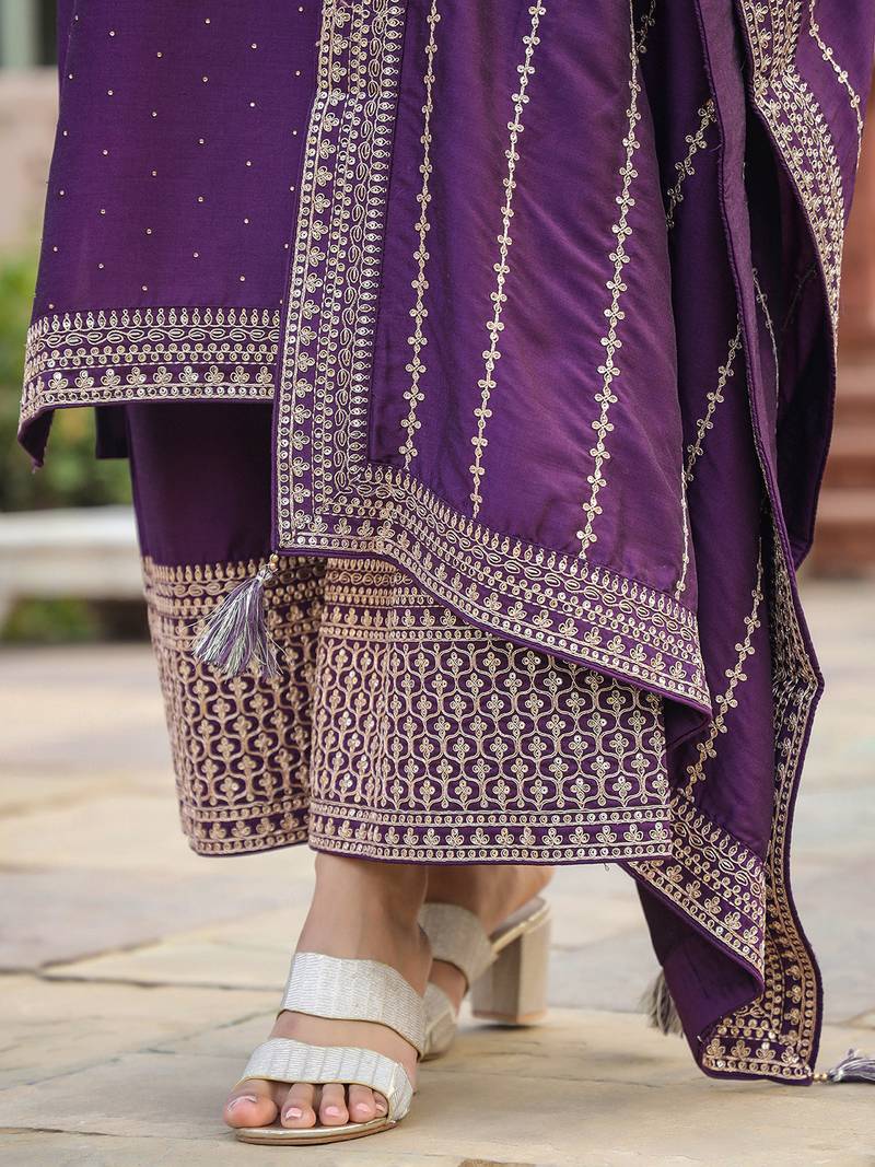 purple color embroidered silk blend styles kurta palazzo with dupatta