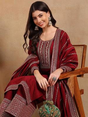 maroon color embroidered silk blend styles kurta palazzo with dupatta 1
