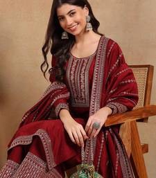maroon color embroidered silk blend styles kurta palazzo with dupatta