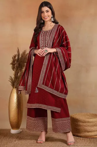 maroon color embroidered silk blend styles kurta palazzo with dupatta
