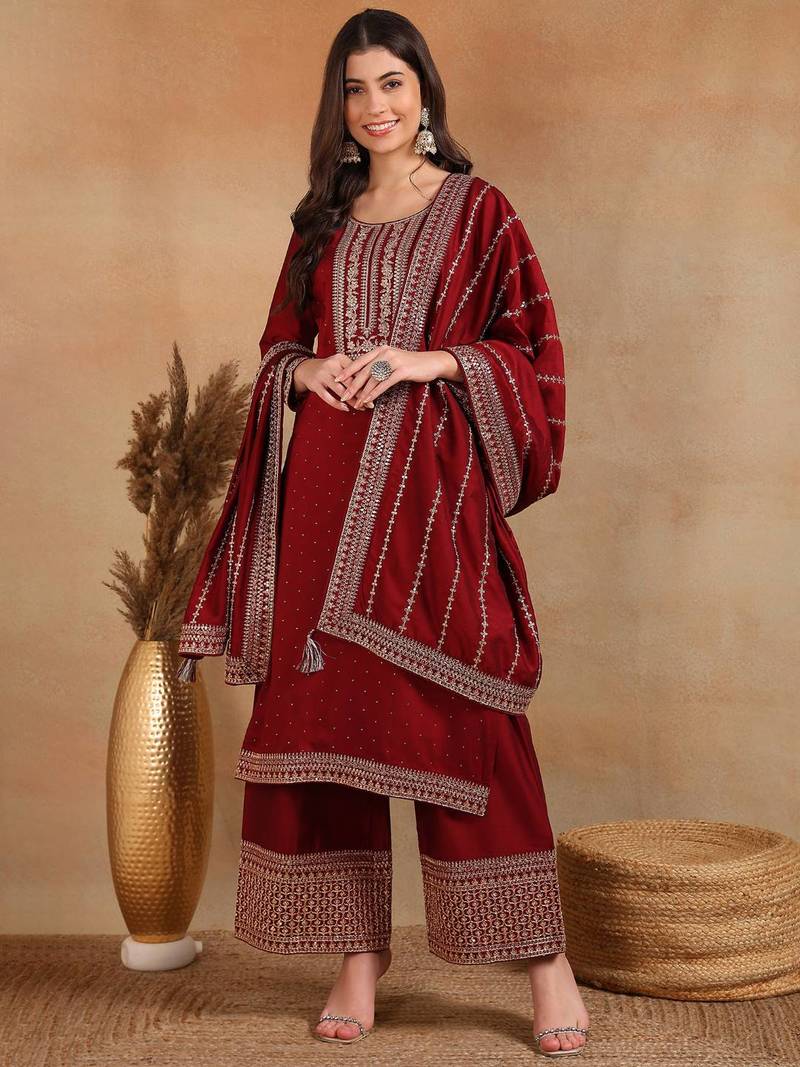 maroon color embroidered silk blend styles kurta palazzo with dupatta