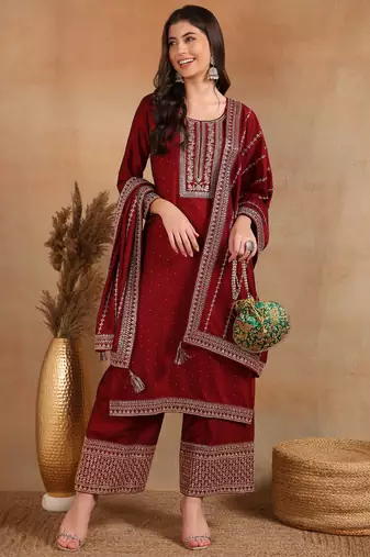 maroon color embroidered silk blend styles kurta palazzo with dupatta