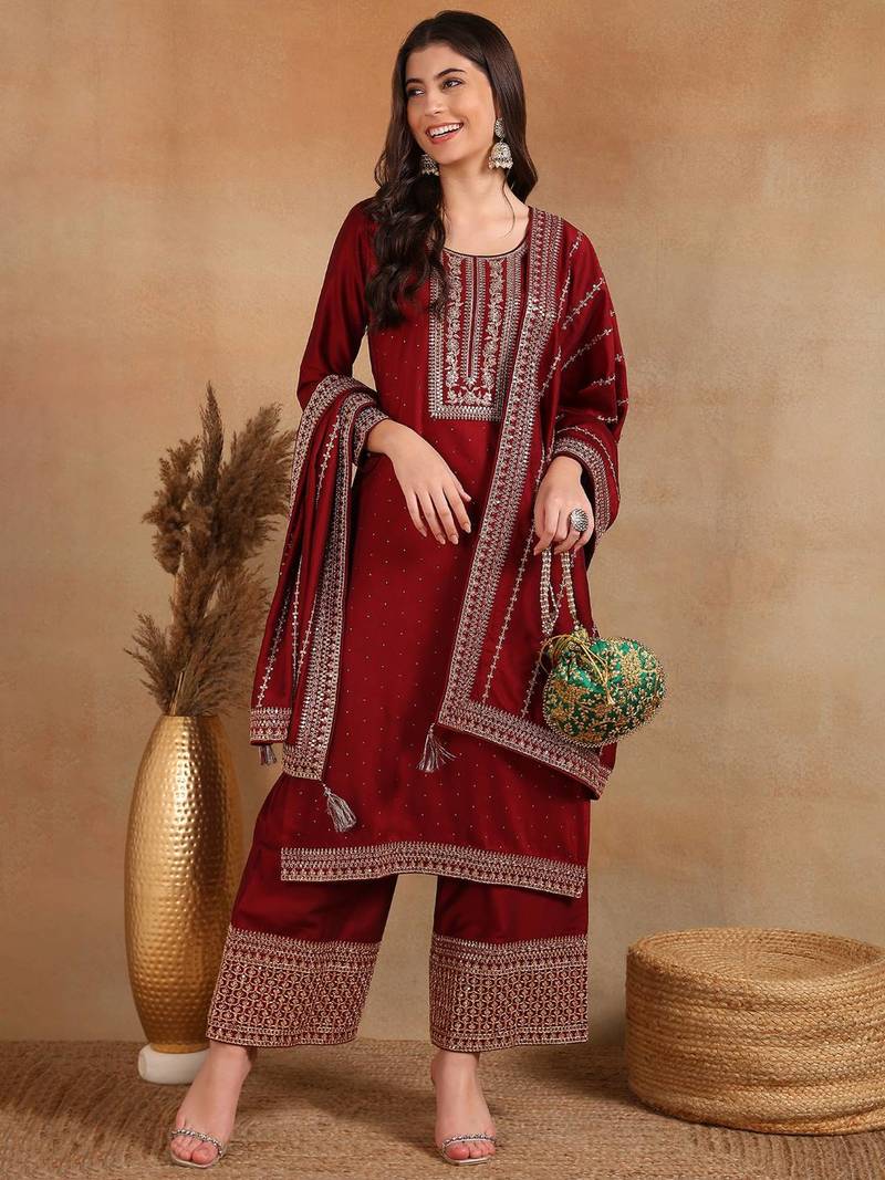 maroon color embroidered silk blend styles kurta palazzo with dupatta