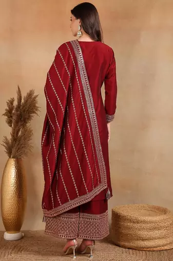 maroon color embroidered silk blend styles kurta palazzo with dupatta