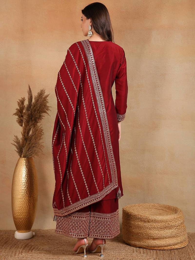 maroon color embroidered silk blend styles kurta palazzo with dupatta