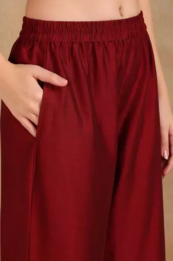 maroon color embroidered silk blend styles kurta palazzo with dupatta