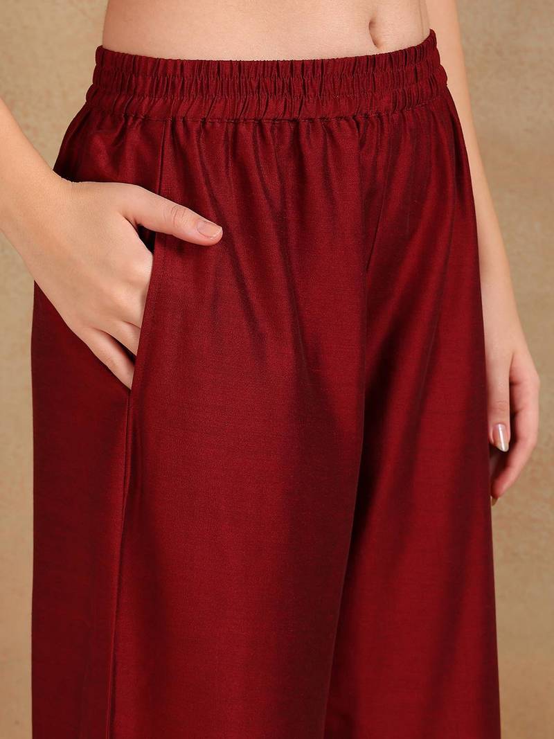 maroon color embroidered silk blend styles kurta palazzo with dupatta