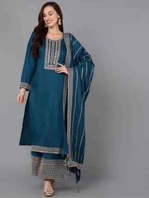 teal color embroidered silk blend styles kurta palazzo with dupatta 1