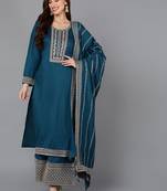 teal color embroidered silk blend styles kurta palazzo with dupatta