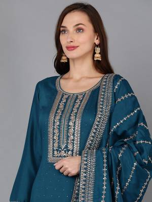 teal color embroidered silk blend styles kurta palazzo with dupatta 2