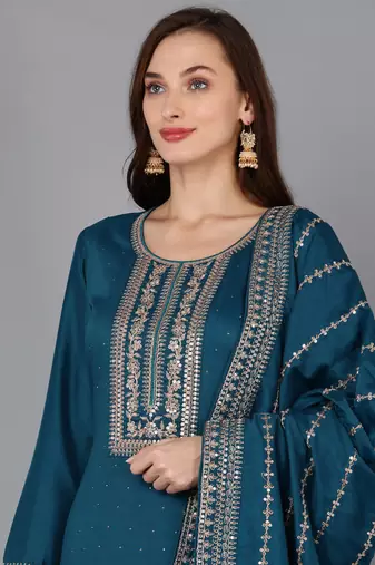 teal color embroidered silk blend styles kurta palazzo with dupatta