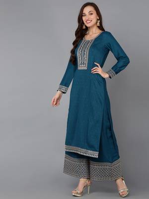 teal color embroidered silk blend styles kurta palazzo with dupatta 3