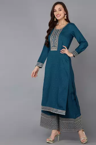 teal color embroidered silk blend styles kurta palazzo with dupatta