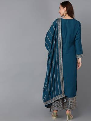 teal color embroidered silk blend styles kurta palazzo with dupatta 4