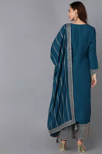 teal color embroidered silk blend styles kurta palazzo with dupatta