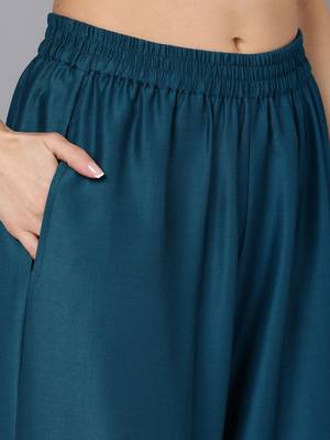 teal color embroidered silk blend styles kurta palazzo with dupatta 5